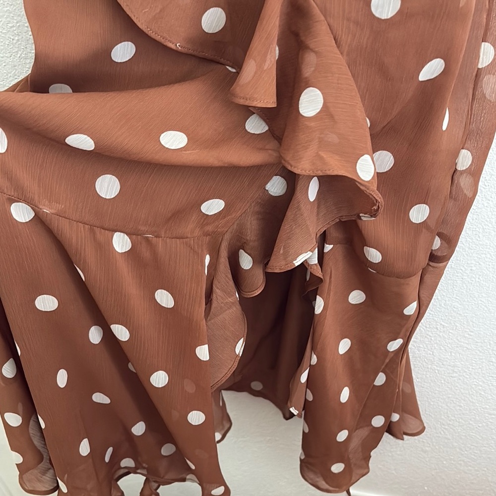 Brown and White Polka Dot Asymmetrical Sundress with Spaghetti Straps - Picture 7 of 8